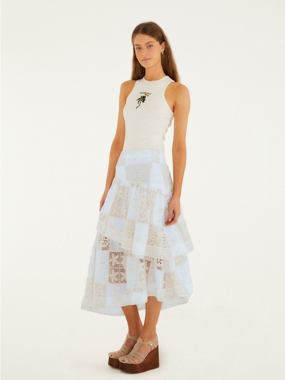 FARM RIO Off-White Scarf Eyelet Layered Maxi Skirt - Picture 4 of 4